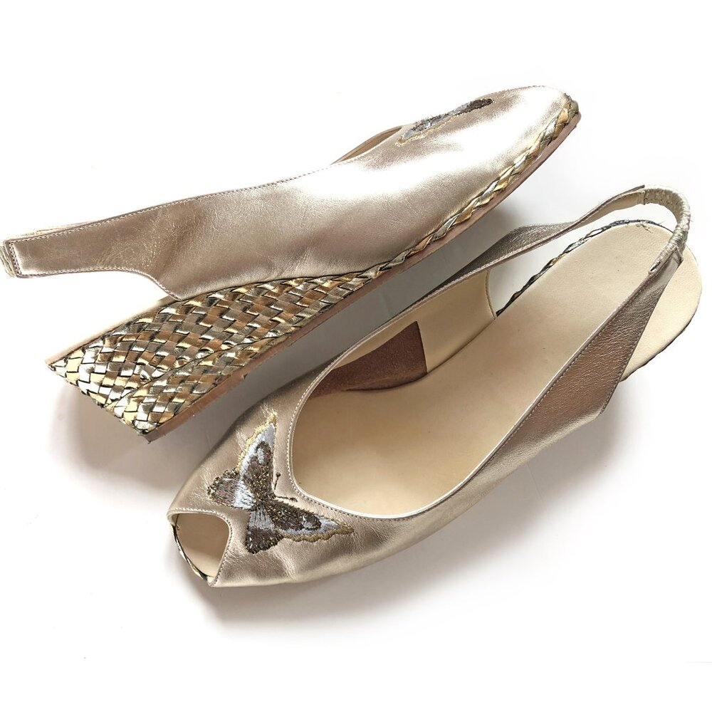 VTG 80s 90s Italian Gold Leather Butterfly Embroidered Wedge Shoes Size 38 - 7.5
